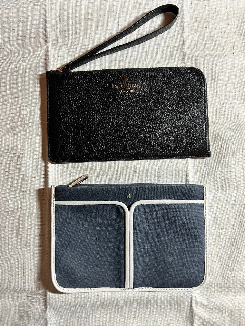 Kate Spade New York 2PC Set Wristlet & Cosmetic Bag Zip Black Leather Fabric